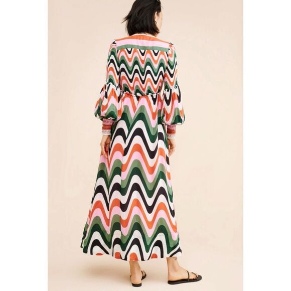 FARM Rio * Wave Gradient Maxi Dress Long Sleeve Drawstring Waist Multicolor Larg - Picture 4 of 16